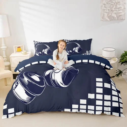 Vista 4 de Feelyou - Funda de edredón con estampado de auriculares, juego de ropa de cama con temática musical, patrón geométrico musical, funda de edredón