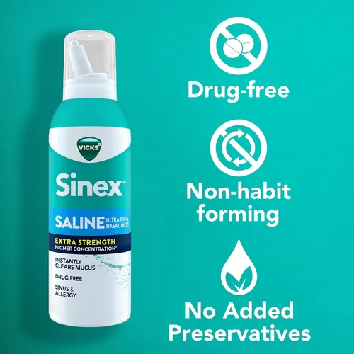 Vista 5 de VICKS Sinex Spray Nasal Salino de Fuerza Extra, Niebla Ultra Fina 3X Concentrada* Sin Medicamentos, Elimina la Mucosidad al Instante, Ultra