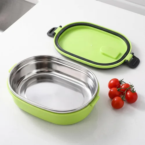 Vista 2 de Lonchera aislante de acero inoxidable, contenedor de alimentos para picnic al aire libre, cuadrado, color verde, doble capa (1 nivel)