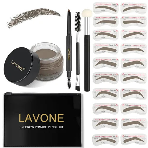 Vista 15 de LAVONE Kit de plantillas para cejas, trío de sellos para cejas con lápiz impermeable, pomada, 20 plantillas, cepillo de doble punta y aplicador