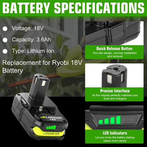 Vista 2 de Enermall Paquete de 2 baterías de repuesto P102 de 3600 mAh para Ryobi de 18 V Plus compatibles con baterías Ryobi de 18 V P108 P103 P105 P107 P109