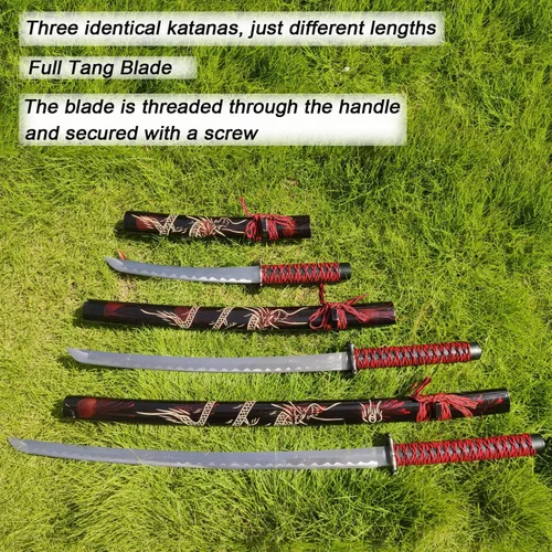 Vista 2 de Set de 3 espadas japonesas de Samurai con soporte de exhibición, Katana de Iaido con hoja de acero al carbono, espada real para exhibición