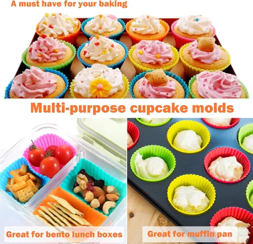 Vista 6 de IPOW Juego de 24 moldes de silicona para hornear cupcakes, reutilizables, de grado alimenticio, sin BPA, antiadherentes, 2 formas, rectángulo redondo