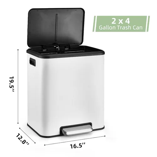 Vista 2 de Cubo de basura rectangular de doble compartimento para reciclaje de cocina con tapa de cierre suave, acero inoxidable de 2 x 4 galones