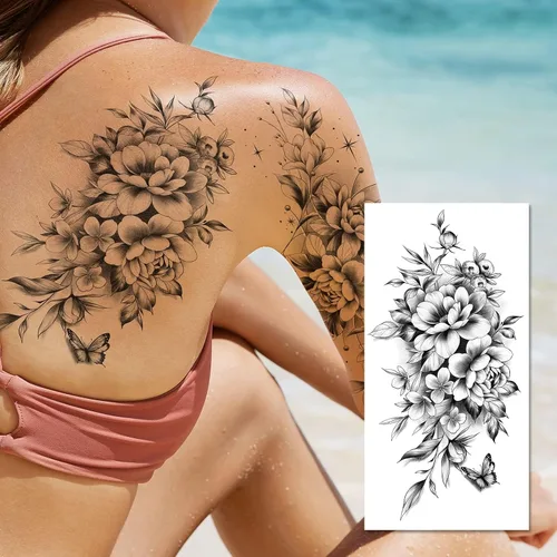 Vista 7 de EMOME 12 hojas de tatuajes temporales sexys para mujeres, flores de medio brazo, manga de tatuajes falsos, calcomanías de tatuaje realistas