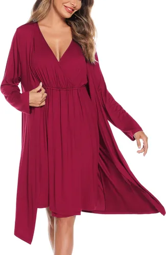 Vista 5 de SWOMOG Conjunto de bata y bata de maternidad para mujer, 3 en 1, camisón de lactancia para lactancia materna y hospital, bata de baño
