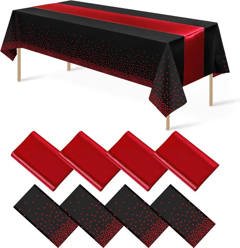 Vista 30 de 8 paquetes de manteles de plástico desechables y juego de camino de mesa de satén negro con dorado, mantel de satén dorado para graduación, boda