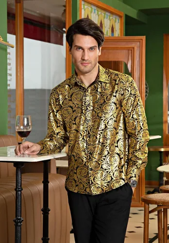Vista 3 de HISDERN Camisas de vestir de satén brillante para hombre, de lujo, floral, jacquard, de manga larga, a la moda, para bodas, fiestas, bailes