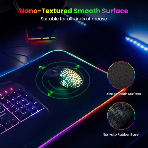 Vista 3 de Alfombrilla de mouse RGB extra grande para juegos, 14 modos de luz, alfombrilla de mouse LED suave extendida, base de goma antideslizante