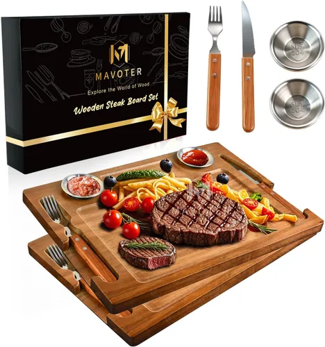 Vista 12 de MAVOTER Tabla de Bistec de Madera de Acacia - Plato de Bistec Tabla de Cortar con Tenedor, Cuchillo y Ramequines Tabla de Servir de Madera para el 1