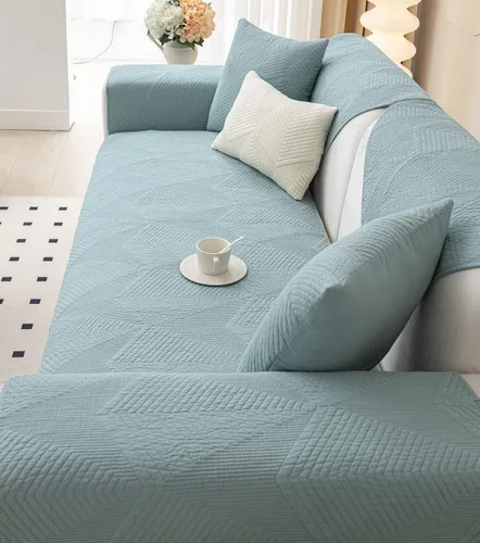 Vista 4 de vctops Funda de sofá de estilo granja de color sólido con bordado, funda de sofá seccional acolchada de algodón, funda de sofá lavable