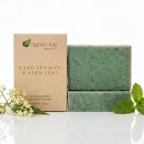 Vista 10 de Aspen Kay Naturals Jabón de barro y neem del Mar Muerto, con manteca de karité orgánica y aceite de oliva. Un maravilloso lavado facial de neem