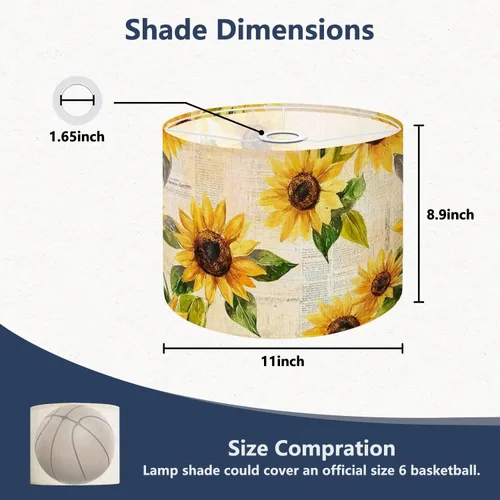 Vista 2 de Drum Lamp Shade seamless hand drawn vibrant yellow watercolor sunflowers Lampshade for Floor Lamps Table Lamps Pendant Light 11"x8.9" Large Lamp
