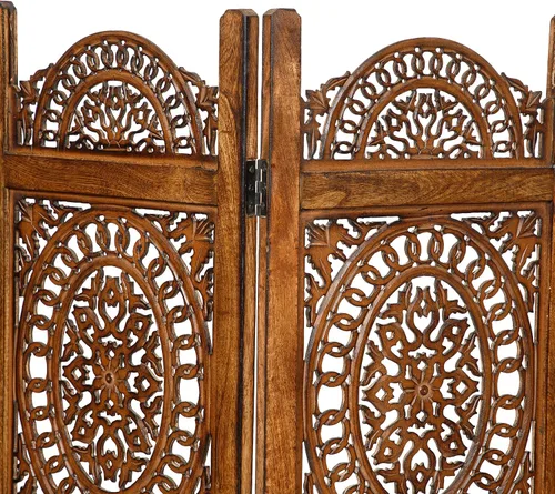 Vista 4 de Lightnpro - Divisor plegable con bisagras de madera con diseño de corazón de madera, 4 paneles con diseños intrincadamente tallados, premontado