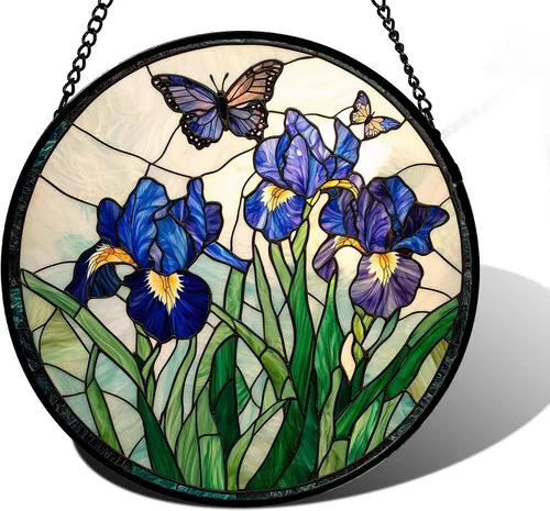 Vista 30 de DASTOLL Colgante de vidrio emplomado para ventana, diseño de lirio del valle, mariposa, atrapasol para puertas, hogar, atrapasoles decoración