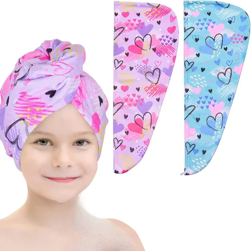 Vista 16 de Basumee Toalla Envolvente de Microfibra para el Cabello para Niños Paquete de 2 Toallas de Cabello de Secado Rápido con Botón Turbantes para Cabello