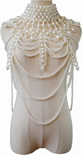 Vista 4 de YWCUTE Collar sexy trenzado con flecos de perlas y cadena de cuerpo de perlas de moda francesa multicapa, Beige