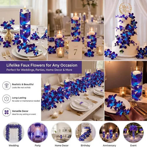 Vista 5 de Canlierr 8 piezas de flores artificiales de orquídeas artificiales de color azul y morado, rellenos de jarrón de mesa de boda, centros de mesa