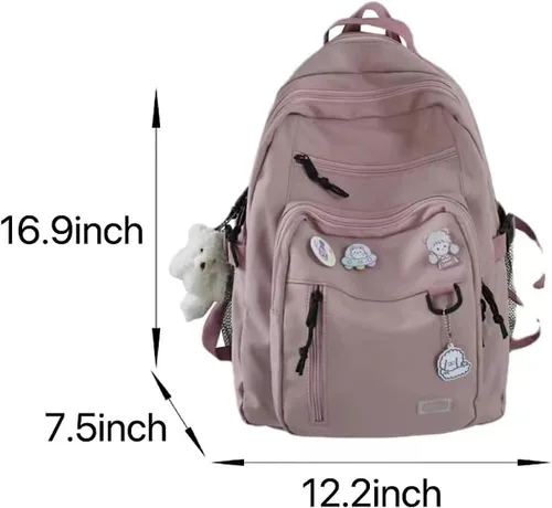 Vista 6 de Mochila estética, linda mochila Kawaii con alfileres y colgante para laptop, mochila casual para mujer, Beige, Mochilas Daypack