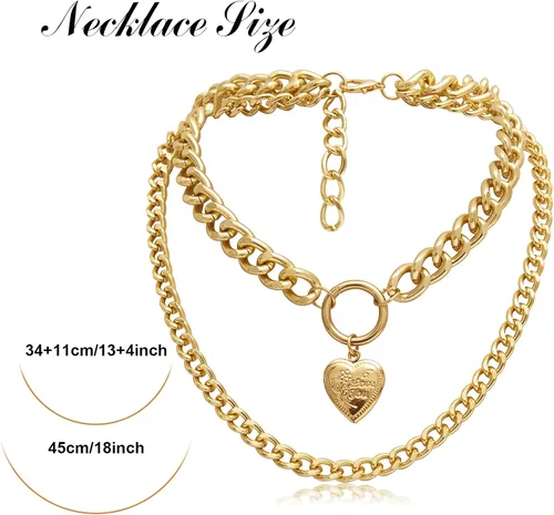 Vista 4 de MJartoria Gold Layered Necklaces for Women Trendy Retro Heart Locket Pendant Cuban Chain Necklace Chunky Chain Choker Necklaces for Girls Jewelry