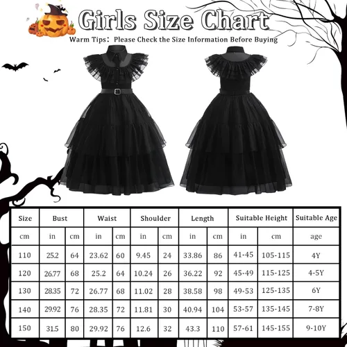 Vista 7 de Ainvliya Wednesday Addams - Disfraz de Addams para niños y niñas, vestido de cosplay negro con accesorios, disfraz de fiesta de Halloween