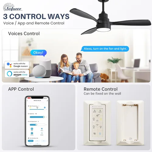 Vista 2 de Sofucor Ventilador de techo inteligente de 48 pulgadas con luces y control remoto/aplicación, compatible con Alexa/Google, ventilador de techo