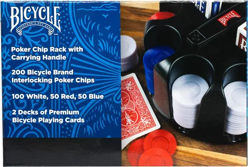 Vista 2 de Bicycle Carousel Poker Texas Hold Em Set, 200 fichas de póquer de 0.07 oz y 2 barajas de cartas Bicycle de Texas, perfecto para Texas Hold Em
