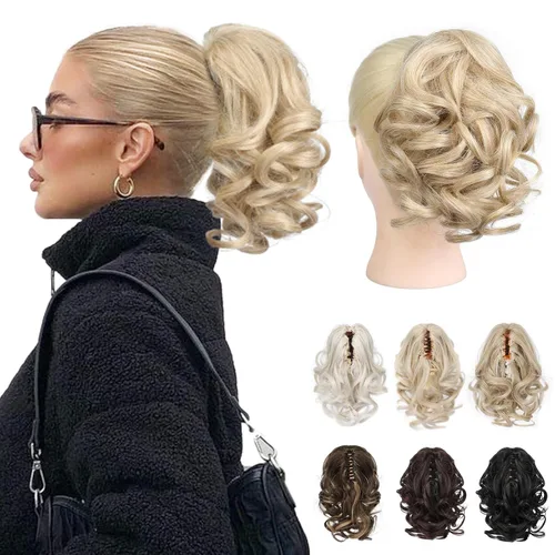 Vista 26 de REECHO Extensión de cola de caballo, 23 cm de largo, rizada, ondulada, pinza de clip para colas de caballo, extensiones de cabello HP001 para Negro