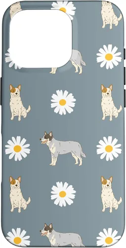 Vista 20 de Funda azul para iPhone 16 con diseño de perro Heeler y margarita azul polvoriento