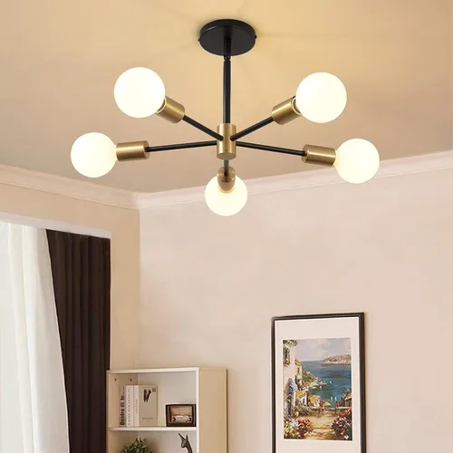 Vista 8 de Candelabro Sputnik MOUFIER, lámpara de techo en negro y dorado, altura ajustable, E27, iluminación moderna de techo, lámpara para sala de estar, 5