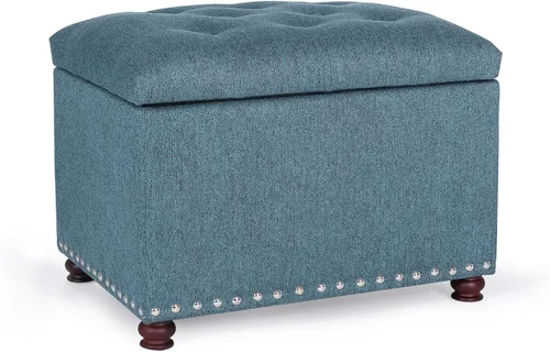 Vista 11 de Otomana tapizada de almacenamiento con tapa con bisagras, otomana de piel sintética de 23.6 pulgadas para sala de estar y dormitorio, color marrón
