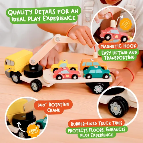 Vista 3 de Nene Toys Cargador magnético para automóvil con 4 autos y 1 camión de madera semirremolque para niños de 2 años en adelante, juguete interactivo
