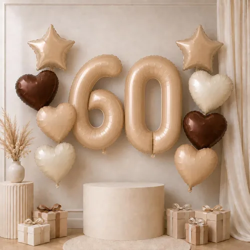 Vista 38 de Decoración de Globos Número 10 de 40 Pulgadas, Globos de Corazón Neutro de Papel de Aluminio Crema Retro Albaricoque Marrón con Globo de Helio