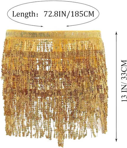 Vista 3 de Falda de danza del vientre con lentejuelas brillantes, bufanda bohemia con borlas para mujer, disfraz de rave