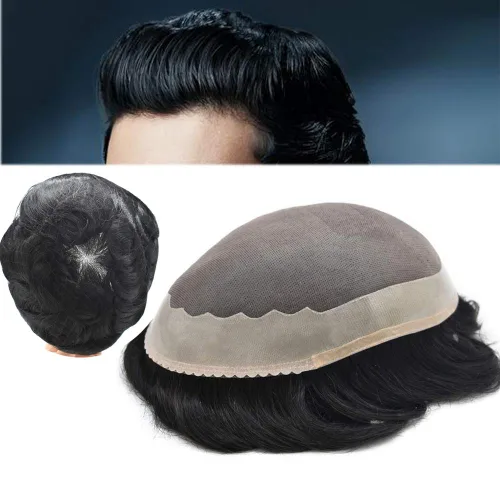 Vista 9 de Sistema de cabello para hombre, tupé para hombre, pieza de cabello humano real, sistema de reemplazo de cabello para hombre, postizos finos #1 Negro