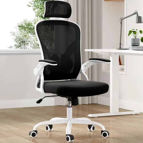Vista 9 de Silla de oficina ergonómica, silla de escritorio para el hogar con reposacabezas ajustable y giratorio de 30°, soporte lumbar ajustable vertical