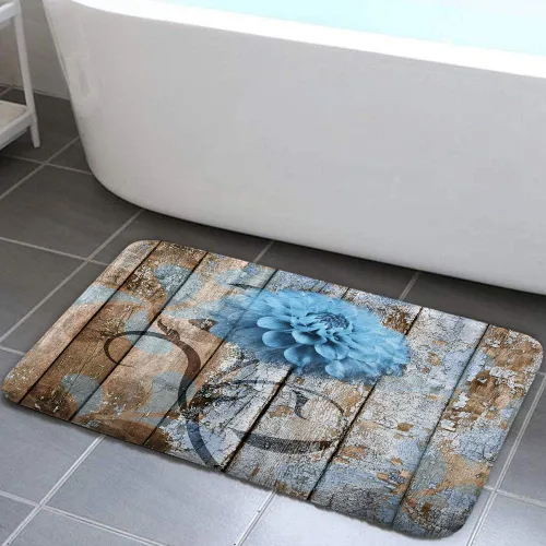 Vista 3 de JAWO Alfombra de baño con flores de granja, dalia en tablones de madera rústica, juego de tapetes de baño con flores azules, en forma de U