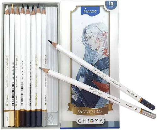 Vista 4 de Lápices de colores pastel Marco Chroma Manga, juego de 50 unidades en caja de metal; dureza 2B, suministros de dibujo profesional para niños