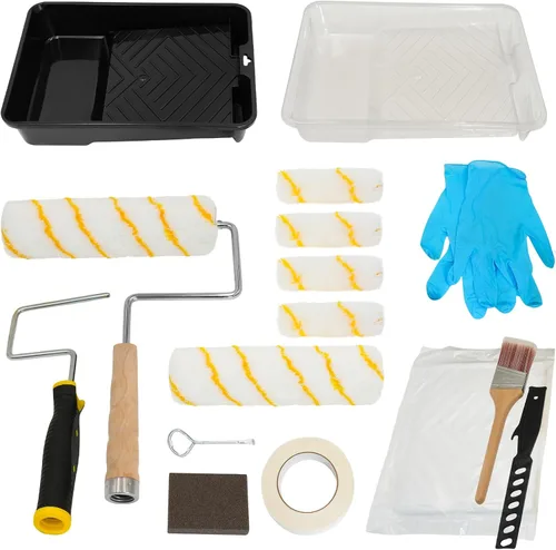 Vista 13 de ETERNA Kit de rodillos de pintura, 9 piezas de suministros de pintura para pintura de casa, con bandeja de pintura de metal y rodillos de pintura