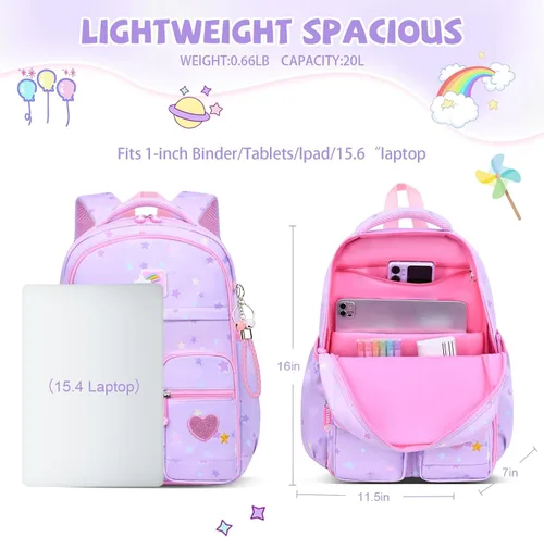 Vista 4 de Mochilas para niñas, escuela, lindas mochilas para niños, con lonchera aislada, juego para la escuela primaria, púrpura (Star Purple), Mochila