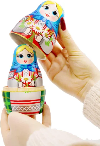 Vista 9 de AEVVV Juego de 7 muñecas rusas de anidación - Muñeca Matryoshka en vestido tradicional bielorruso - Muñeca rusa con acianos, espiguillas y flores
