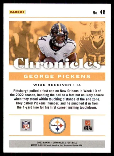 Vista 2 de Panini Chronicles #48 - Tarjeta oficial de novato RC de los Pittsburgh Steelers de los Pittsburgh Steelers 2022 en estado crudo (NM o mejor)