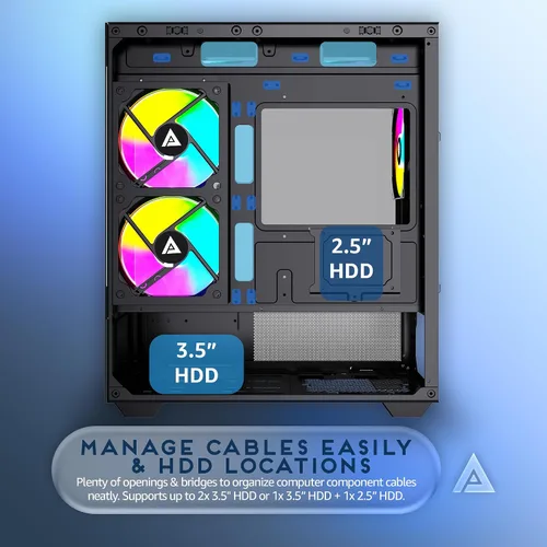 Vista 7 de Apevia Phantom-BK Phantom Micro-ATX Carcasa de PC de Juegos de Cámara Dual con 5X 120mm Ventiladores ARGB, 366 Modos RGB, Paneles de Vidrio Templado