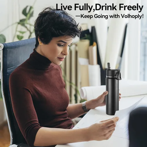 Vista 7 de Volhoply Botellas de agua aisladas con popote a granel, paquete de 4, botella deportiva de acero inoxidable de 22 onzas con tapa con asa, tazas
