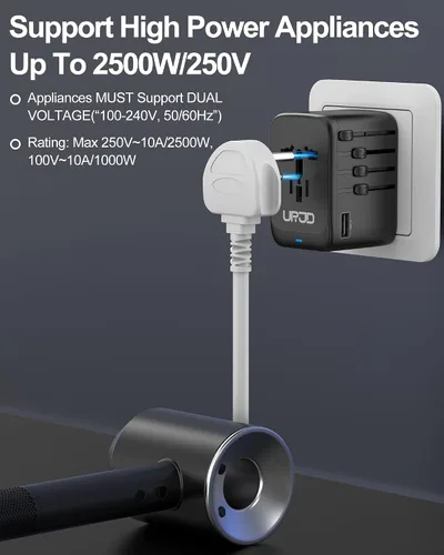 Vista 5 de Adaptador de viaje universal GaN de 100 W, 5 puertos USB C/A + salida GaN 100W-Negro+Blanco