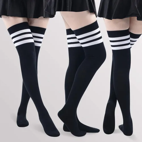Vista 6 de Calcetines altos por encima de la rodilla, para mujeres y niñas, extra largos, a rayas, para cosplay, cosplay, medias altas hasta el muslo, 3 pares