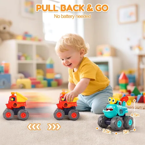 Vista 3 de Juguetes para niños de 1 año, camiones monstruo juguetes de construcción para niños pequeños 1-3 grúa camión volquete excavadora retroceso coche