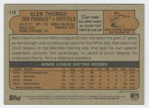 Vista 2 de 2021 Topps Heritage Minor League #118 Alek Thomas Amarillo Sod Poodles Baseball NM-MT