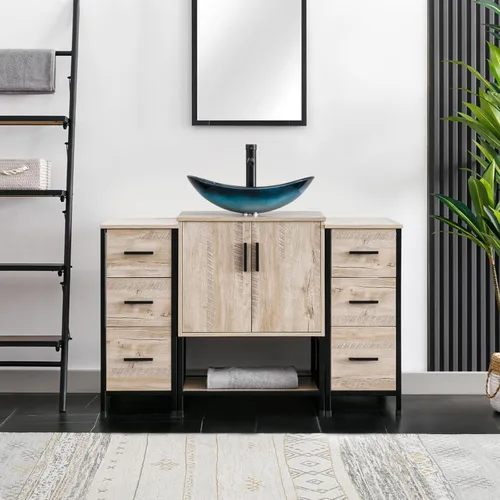 Vista 8 de eclife Lavabo de tocador de baño de 24 pulgadas, gabinete de metal moderno con estante inferior, fregadero azul para barco y grifo de ahorro de agua