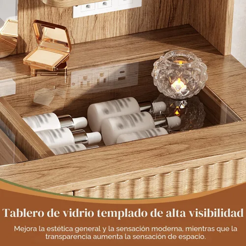 Vista 4 de Escritorio grande de maquillaje con espejo y luces, escritorio de tocador con 6 cajones y estantes de almacenamiento, mesa de tocador con toma